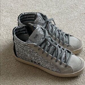 P448 High Top Glitter Sneakers with Leopard Detail and Zippers, EUC